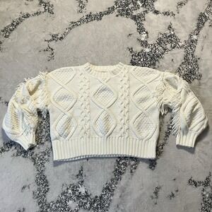 Line Dot Sweater Womens Size M Ivory‎ Jasper Fringe Cable Knit Chunky Fisherman
